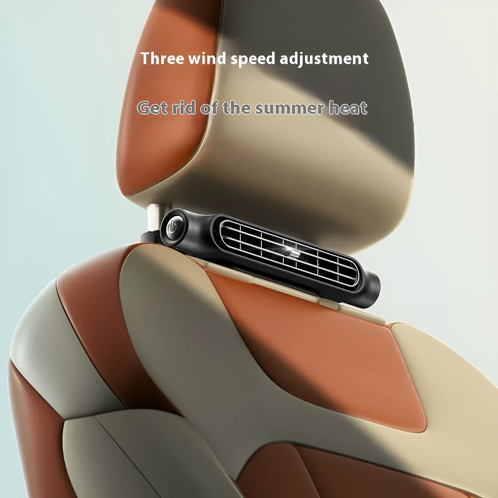 USB-powered black car seat fan with velcro strips, shown on a car seat with a connected data cable.