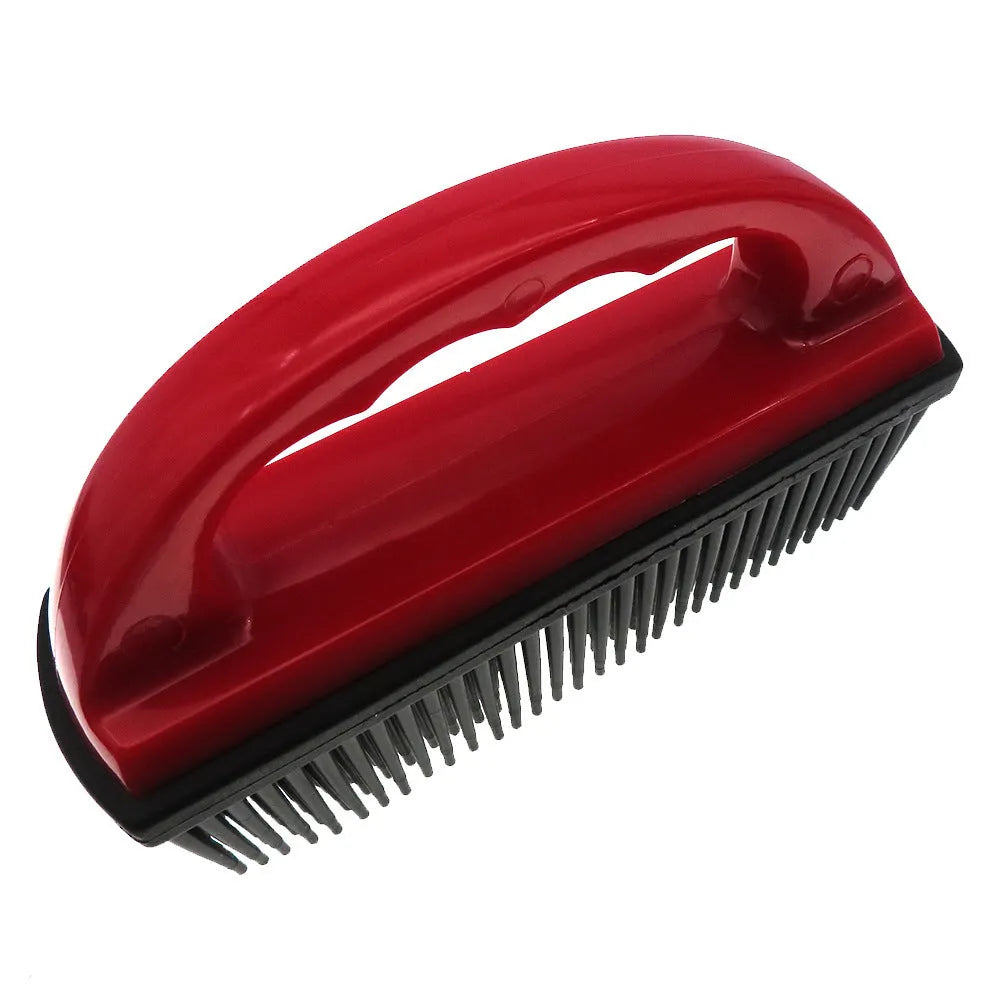 Red silicone pet hair removal brush with rubber bristles for grooming and cleaning