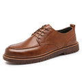 Men's black casual leather shoes with round toe, low-top design and decorative sewing lines