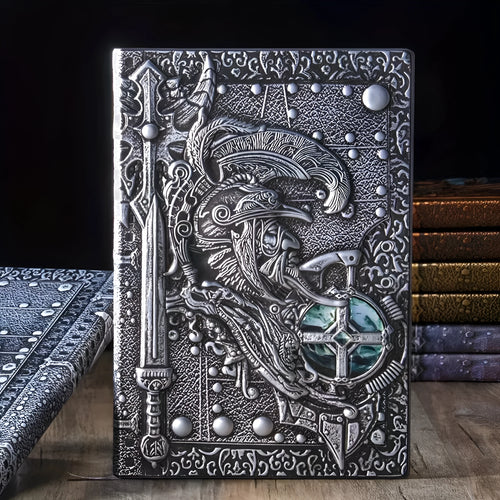 A5 leather notebook with 3D warriors relief embossed design in bronze colour option