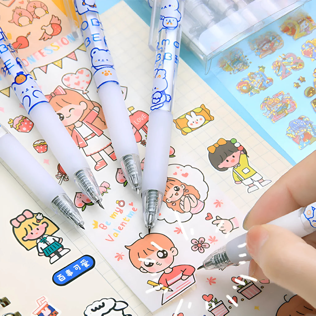 Six cream coloured animal design press pen knives with bear and rabbit handles