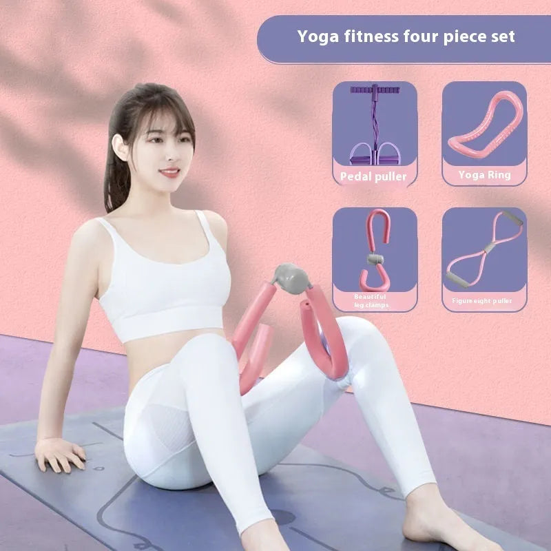 Yoga four-piece fitness set showing a leg stretching device, yoga ring, pedal expander, and figure-eight tension rope.