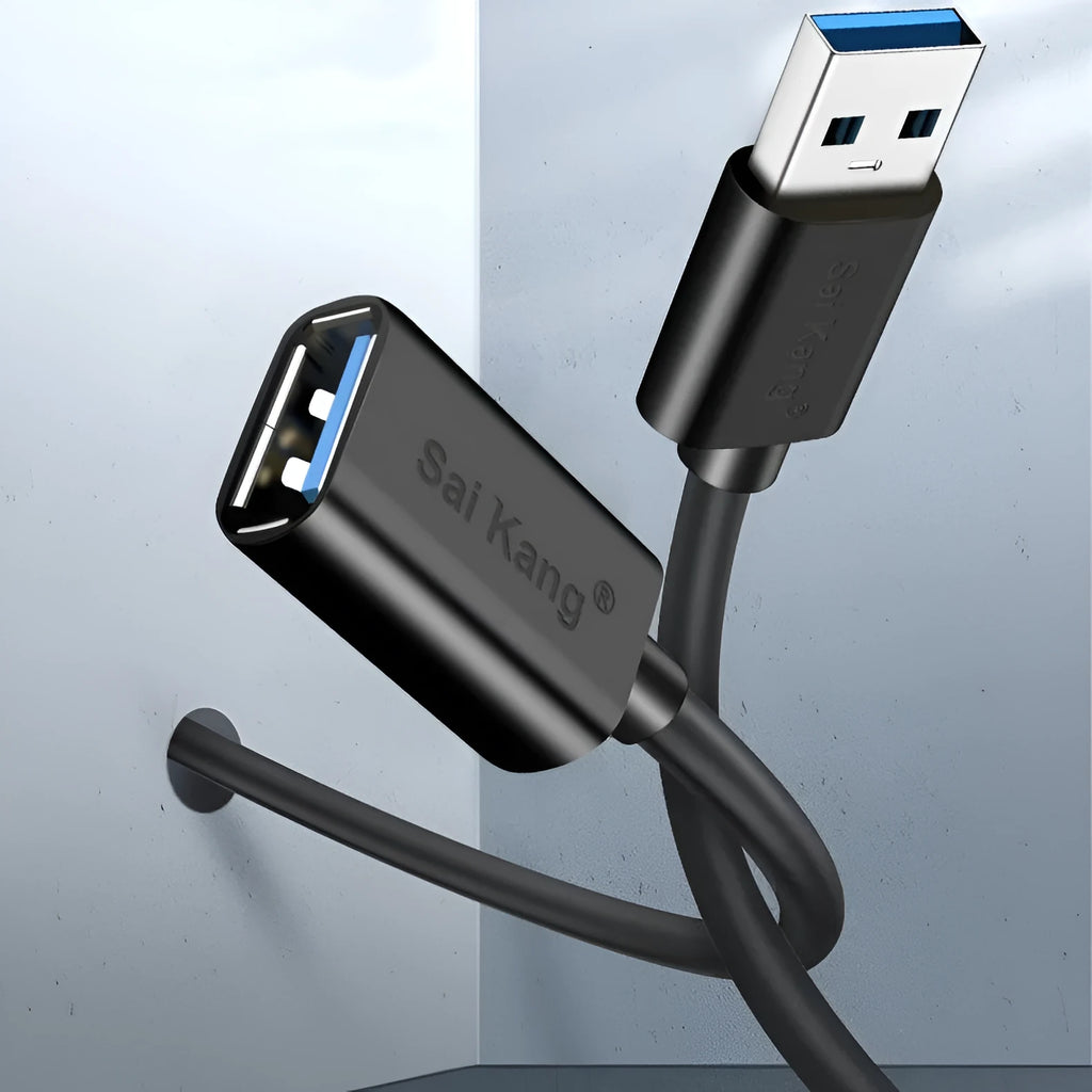 Black USB 3.0 and USB 2.0 extension cable with male to female connectors showing multiple length options