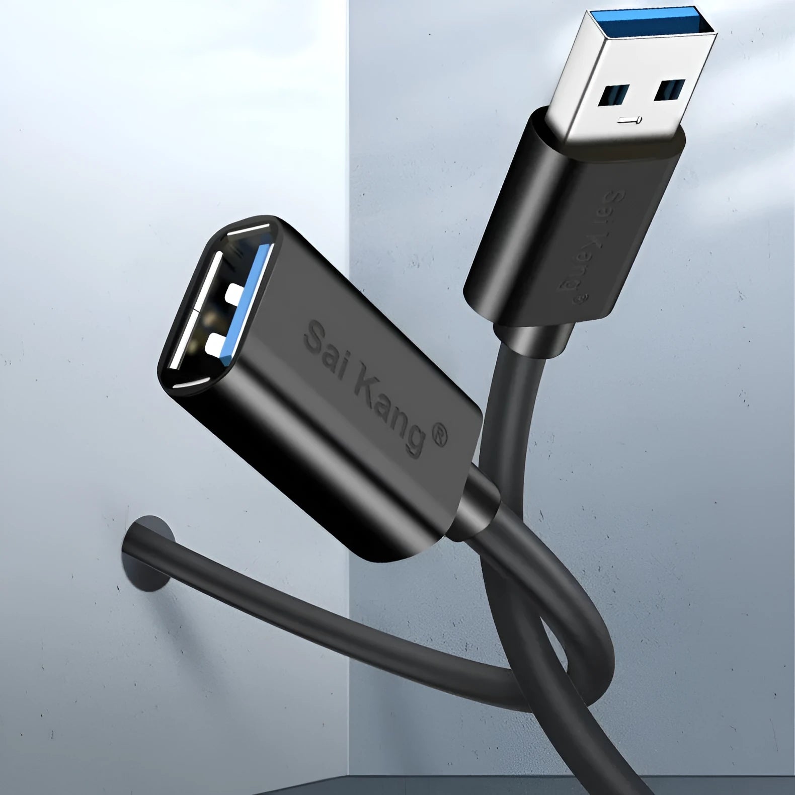 Black USB 3.0 and USB 2.0 extension cable with male to female connectors showing multiple length options