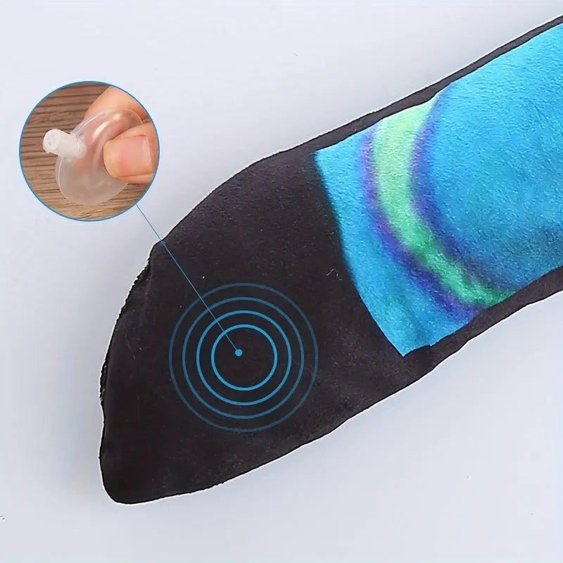 Snake shaped plush dog squeaky toy with blue and green stripe print design