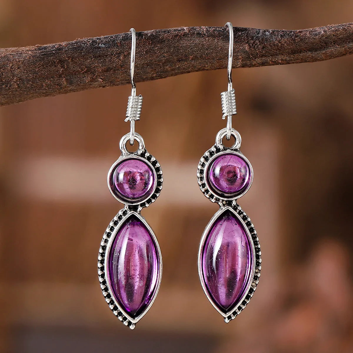 Vintage geometric zinc alloy pendant earrings with black and purple electroplated finish and round elements
