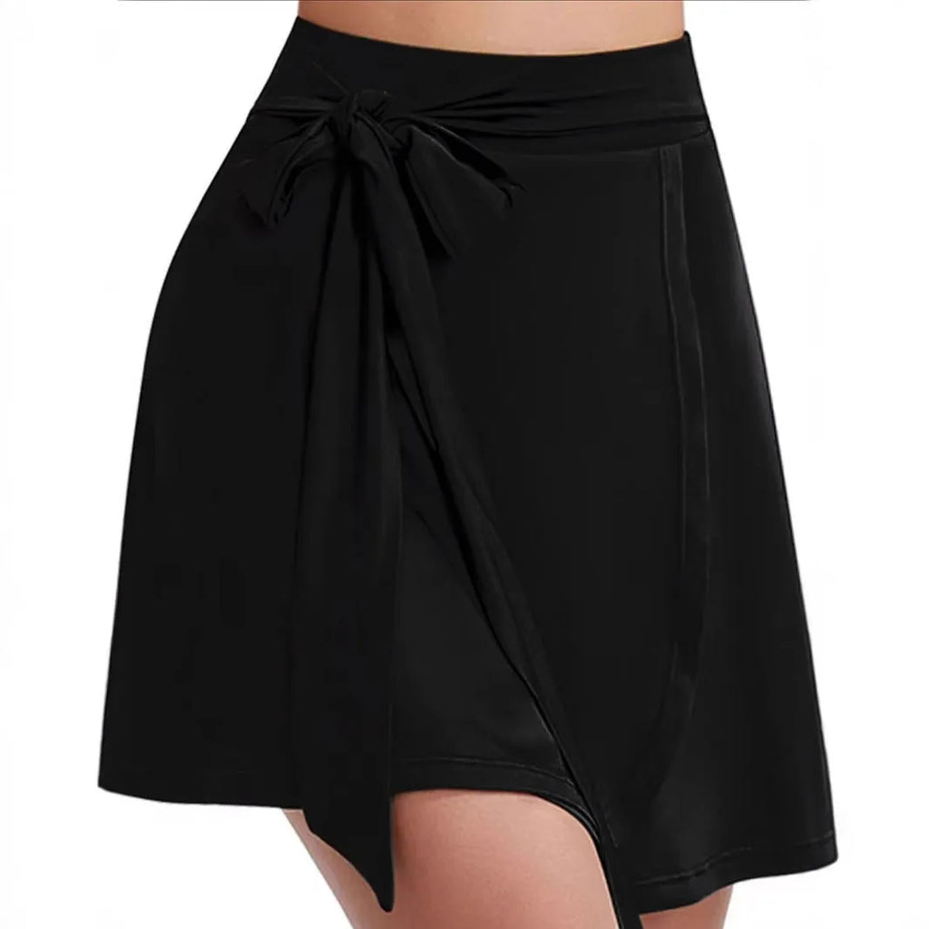 Black thigh-length unisex sports culotte skirt with shoulder straps and high waist