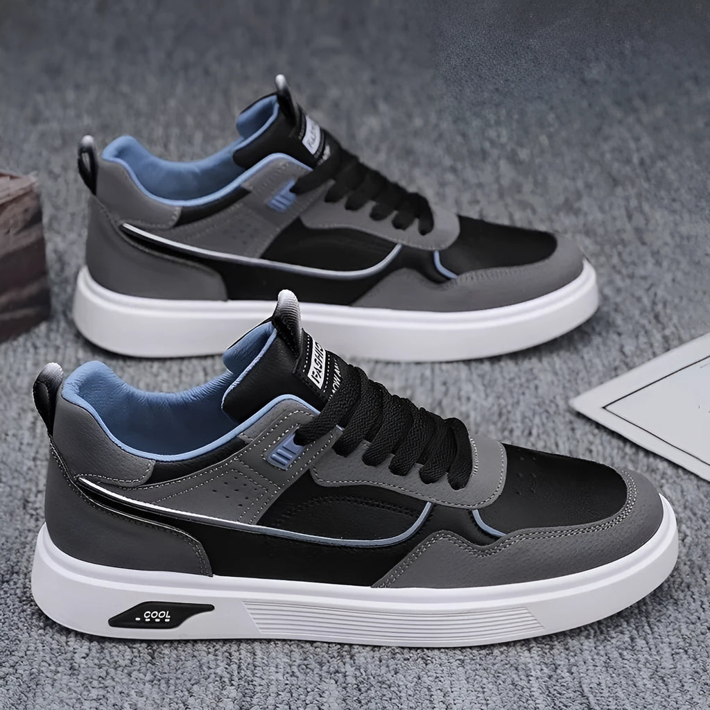 Men's solid colour canvas board shoes with mesh lining and leather stitching details