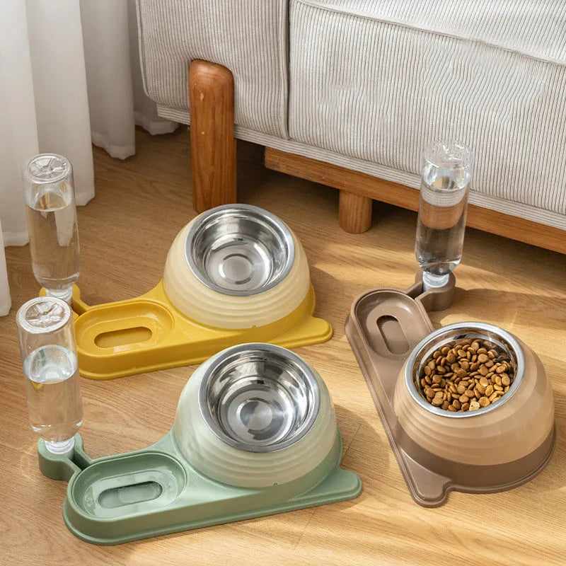 Automatic cat feeding bowl set with water dispenser bottle and elevated food bowl