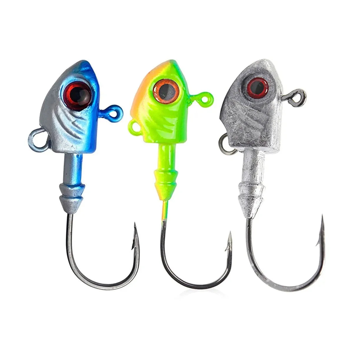 Three yayu shaped lead fishing jig hooks in different weights and colours on a blue background.
