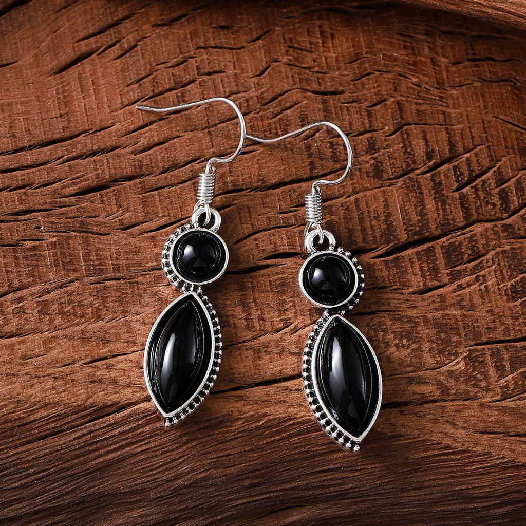 Vintage geometric zinc alloy pendant earrings with black and purple electroplated finish and round elements
