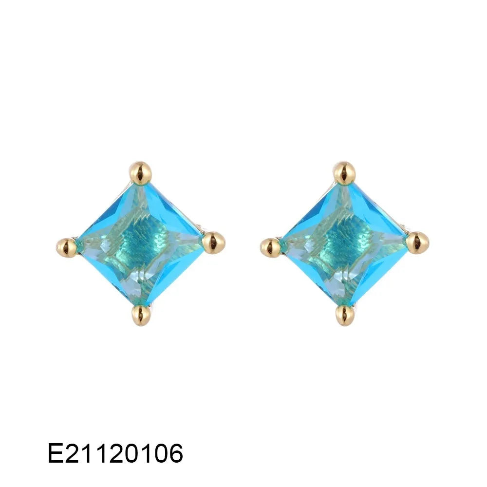 Gold-plated brass drop earrings with candy-colour pear-shaped zircon stones on copper