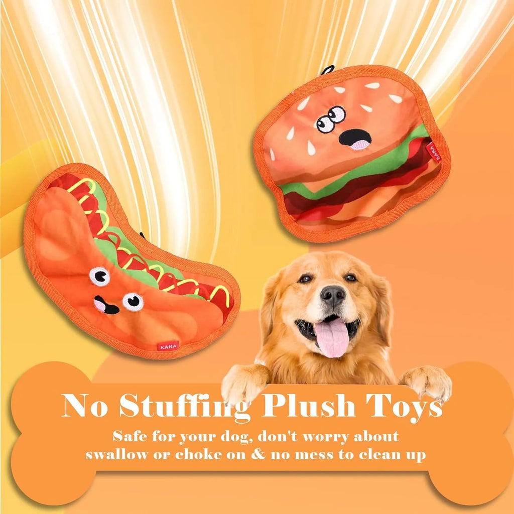Red and yellow hamburger-shaped dog chew toy with dual crinkle and squeak sounds.
