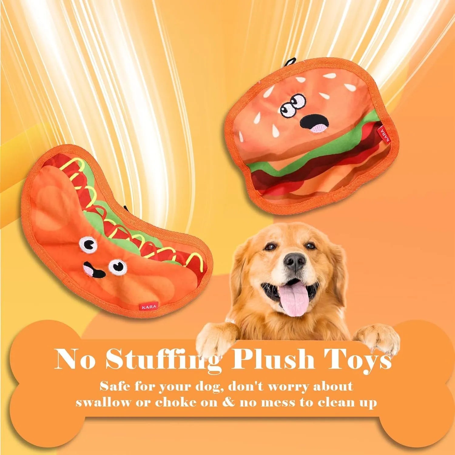 Red and yellow hamburger-shaped dog chew toy with dual crinkle and squeak sounds.