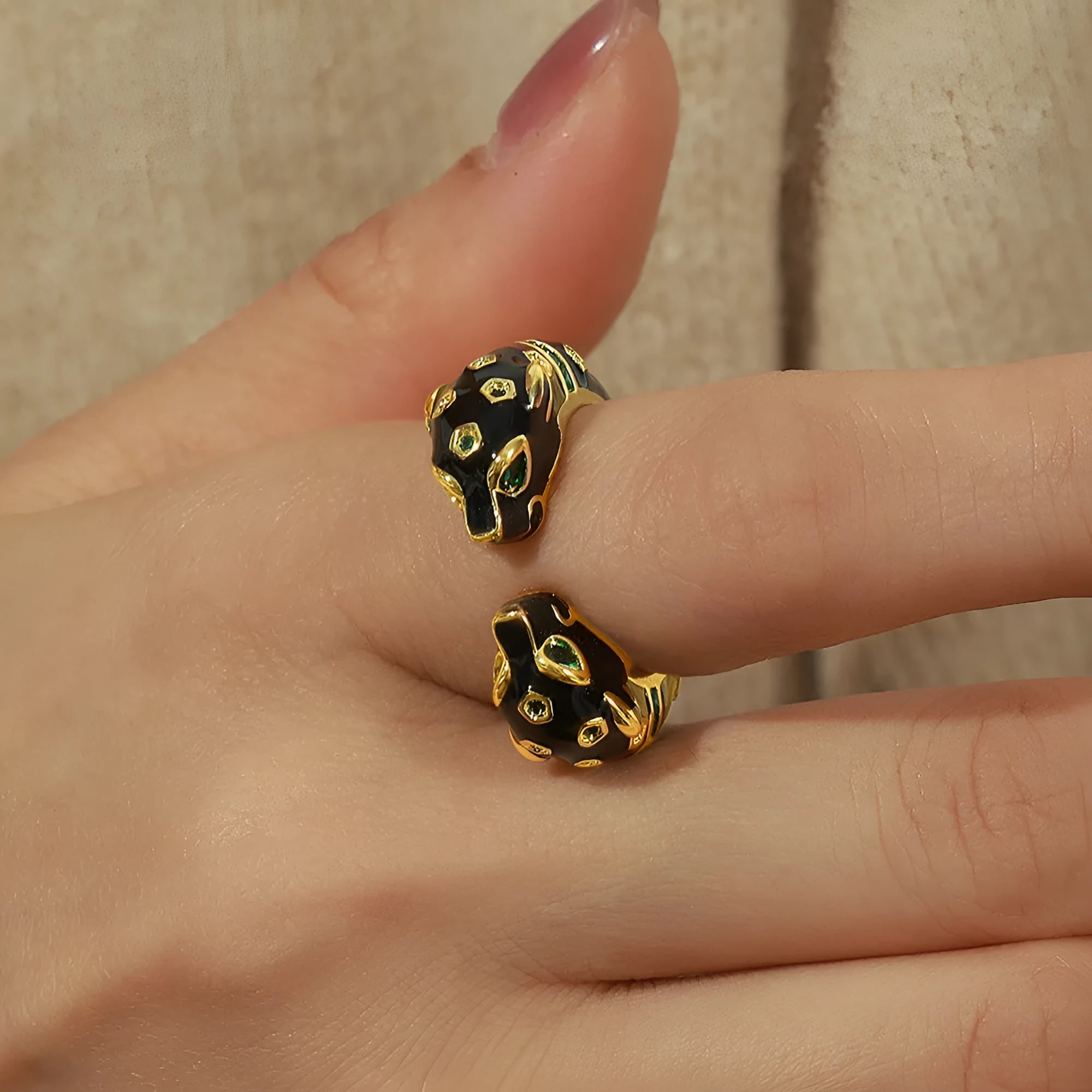 Copper open ring with electroplated black cheetah pattern in geometric shape, size 7
