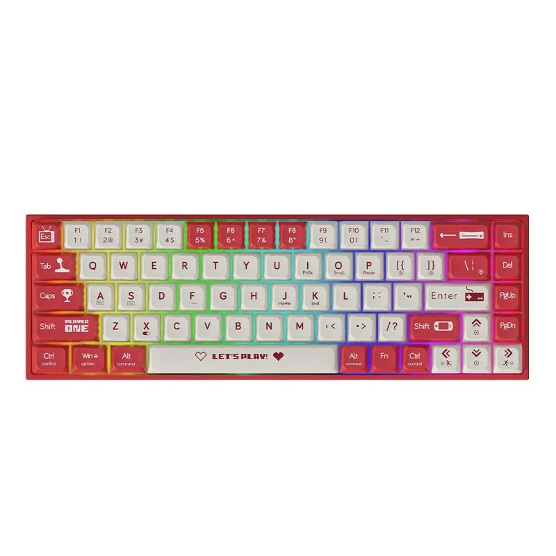 AJAZZ AK680 wired mechanical gaming keyboard in red and white colour mix with hot-swappable switches.
