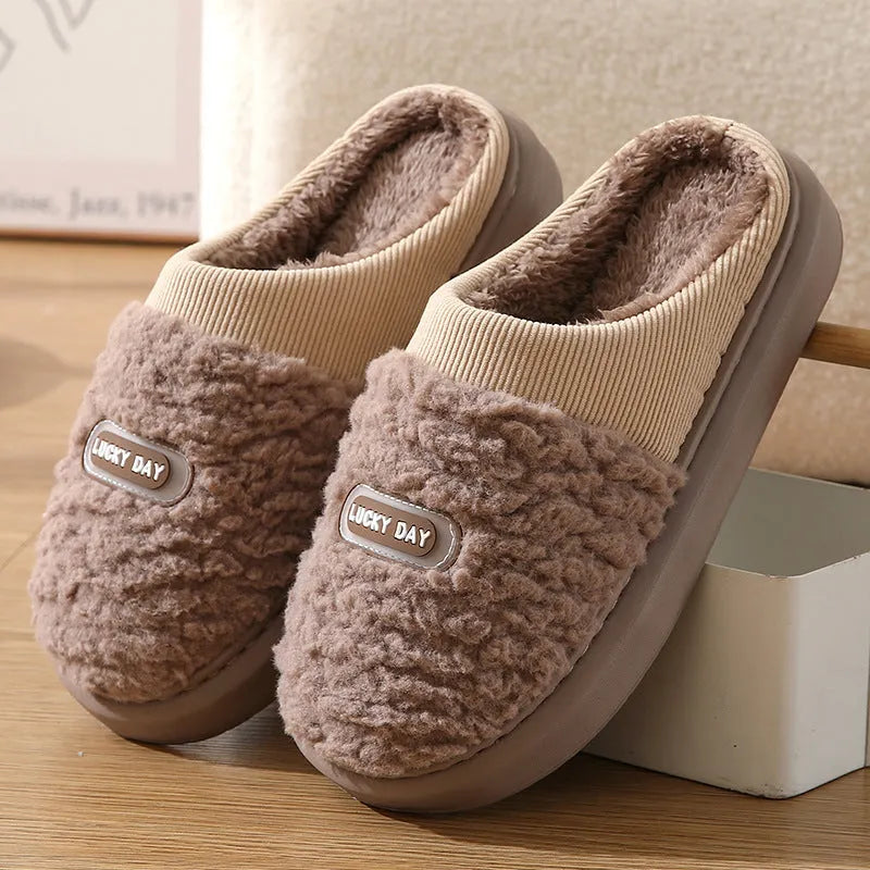 Men's grey and brown plaid winter slippers with thick rabbit hair upper and wool lining.