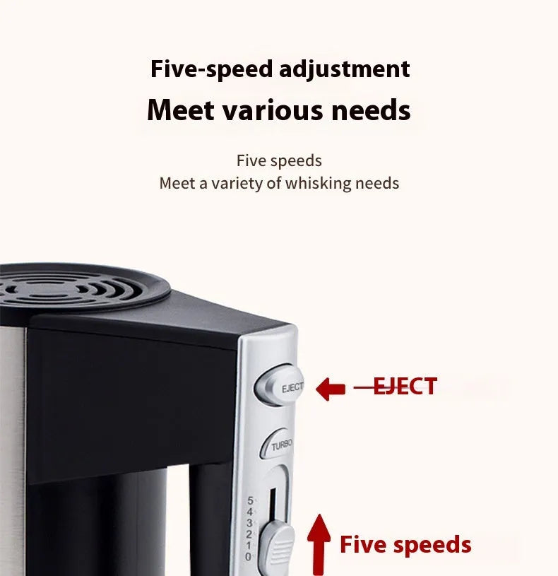 Silver handheld electric whisk or mixer model SL-25209 with five-speed control buttons.