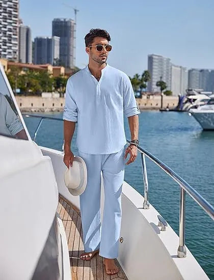 Men's cotton casual trousers suit two-piece set in solid colour with long sleeves