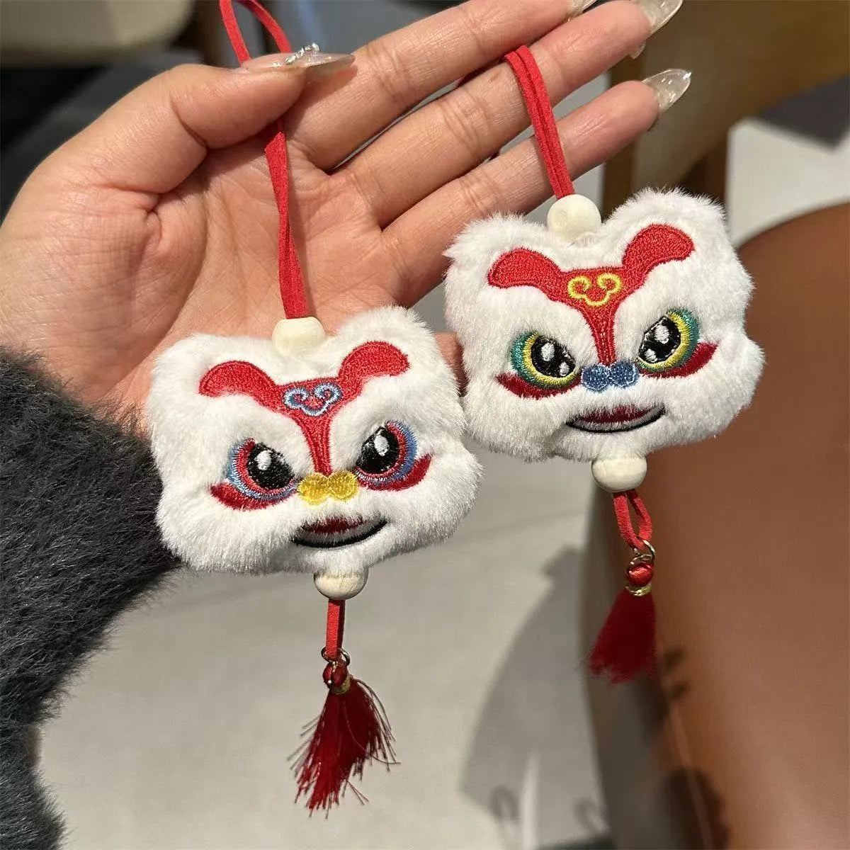 Chinese style blue plush lion keychain ornament with star stone decorations and tassel
