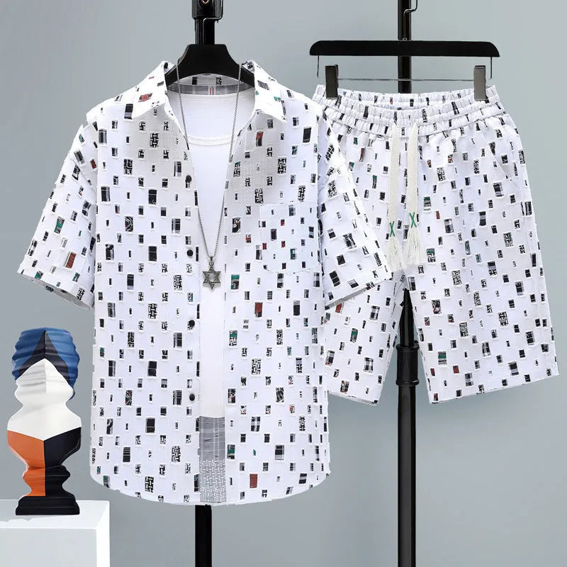 Men's casual sports two-piece set featuring a short sleeve top and matching shorts in a colour swatch.