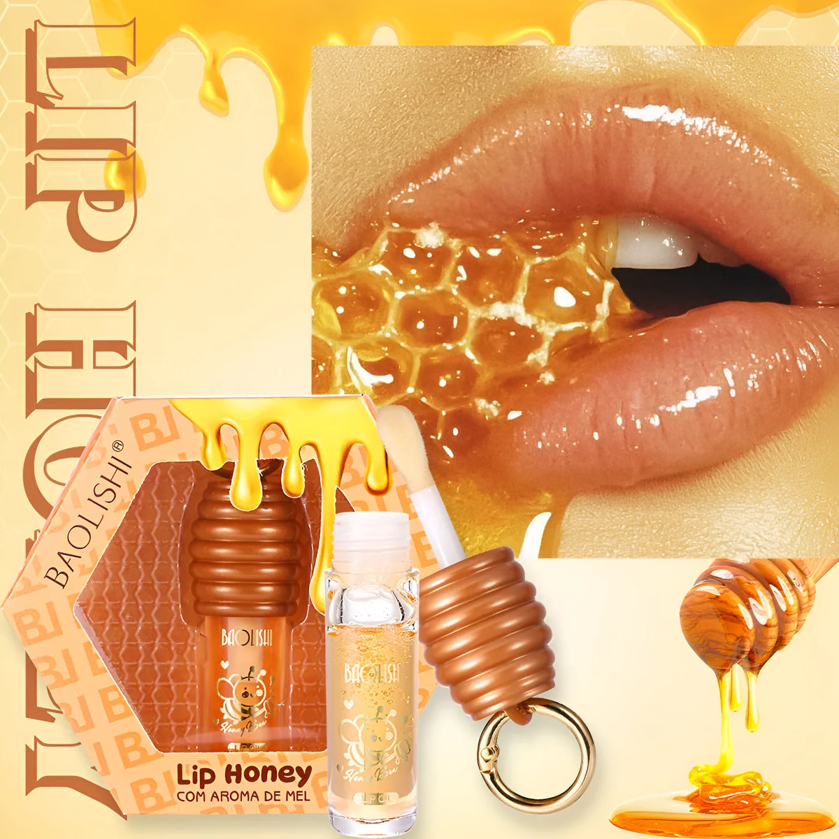 Honey-coloured lip gloss with keychain attachment for portable carrying on bags