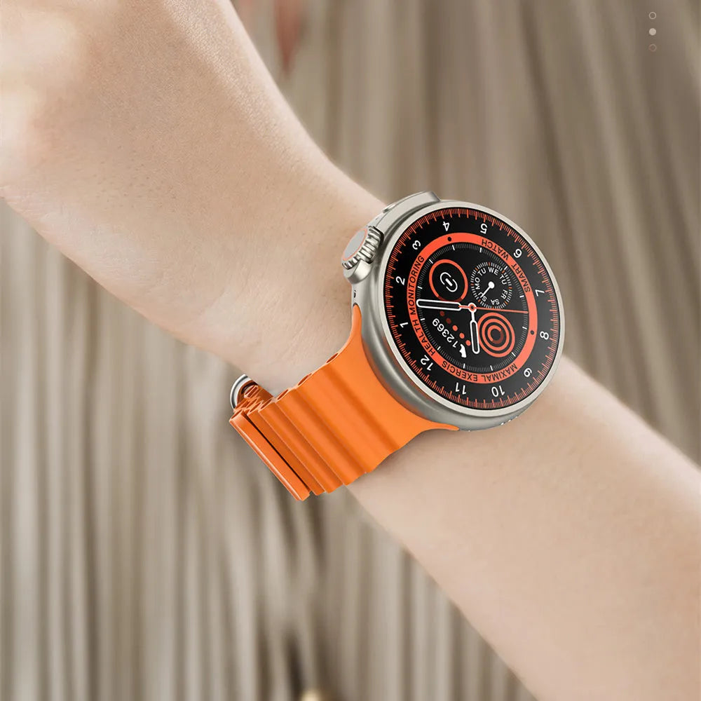 K9 smart watch with 1.39 inch round screen and silicone strap showing interface with health metrics