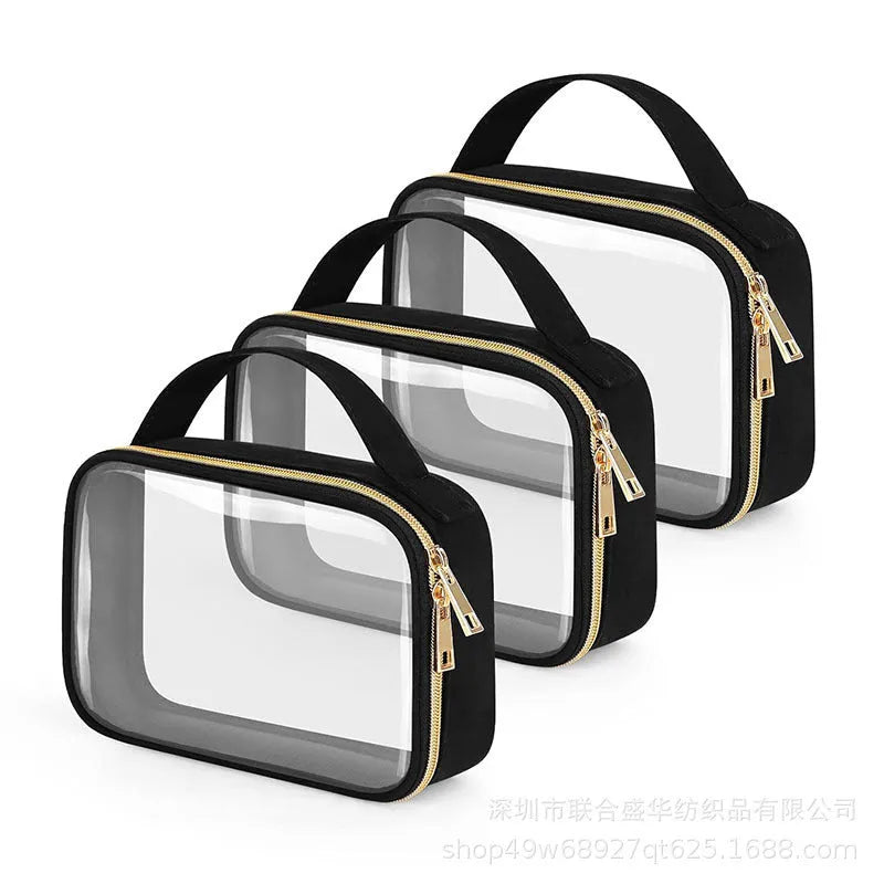 Transparent PVC wash bag with chain handle showing cosmetics inside
