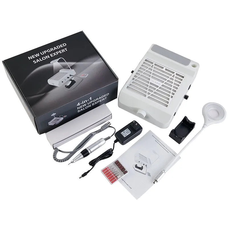 White four-in-one nail polishing machine with vacuum cleaner, US and European voltage options