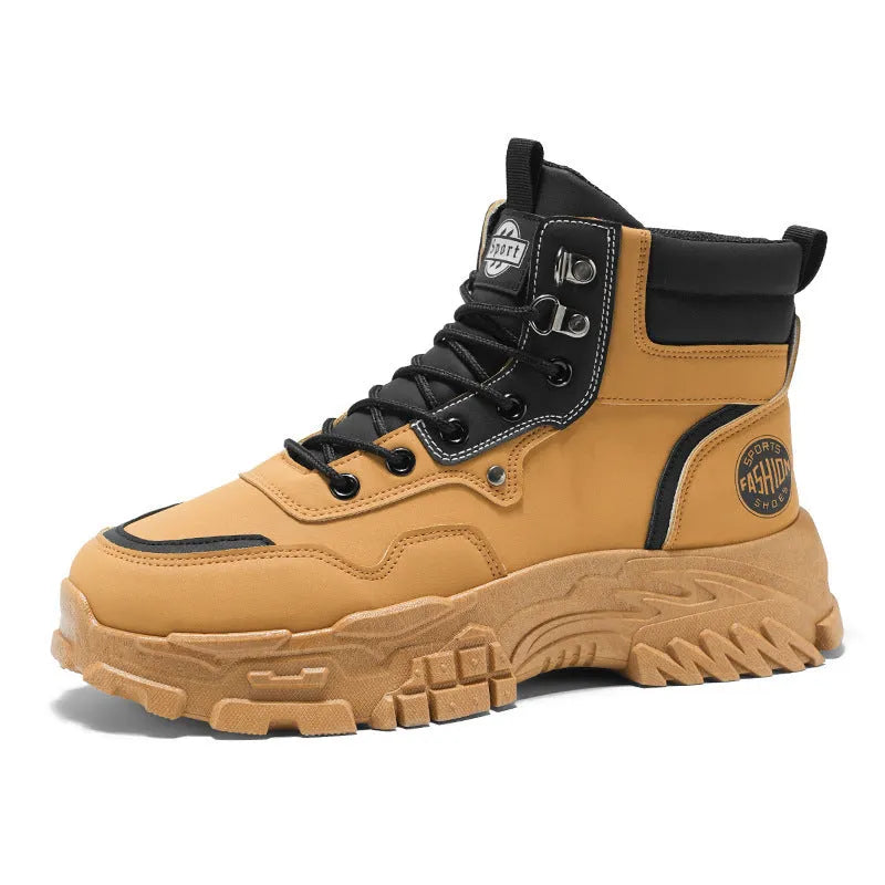 Men's black and yellow Martin work boots with a mid heel and high-top design