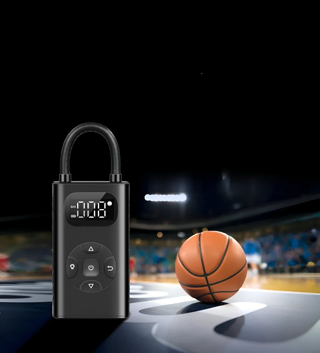 Black cuboid USB power bank tyre inflator with attached air tube for cars and motorcycles.