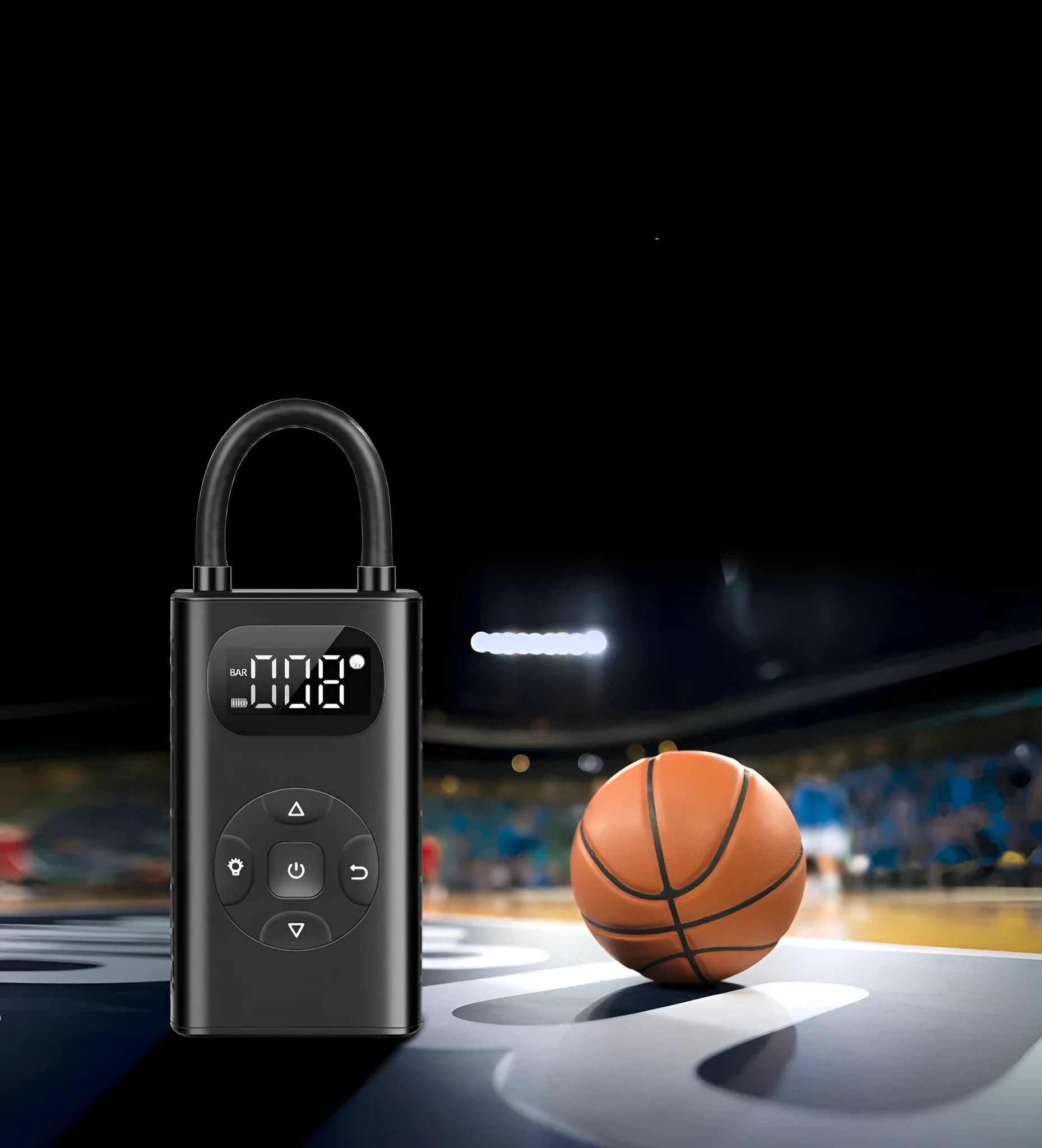 Black cuboid USB power bank tyre inflator with attached air tube for cars and motorcycles.