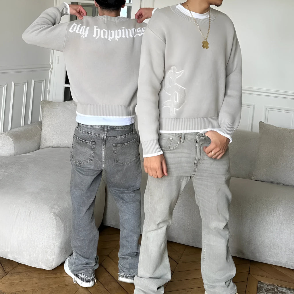 Grey loose-fitting jacquard knitwear coat with long sleeves for autumn and winter