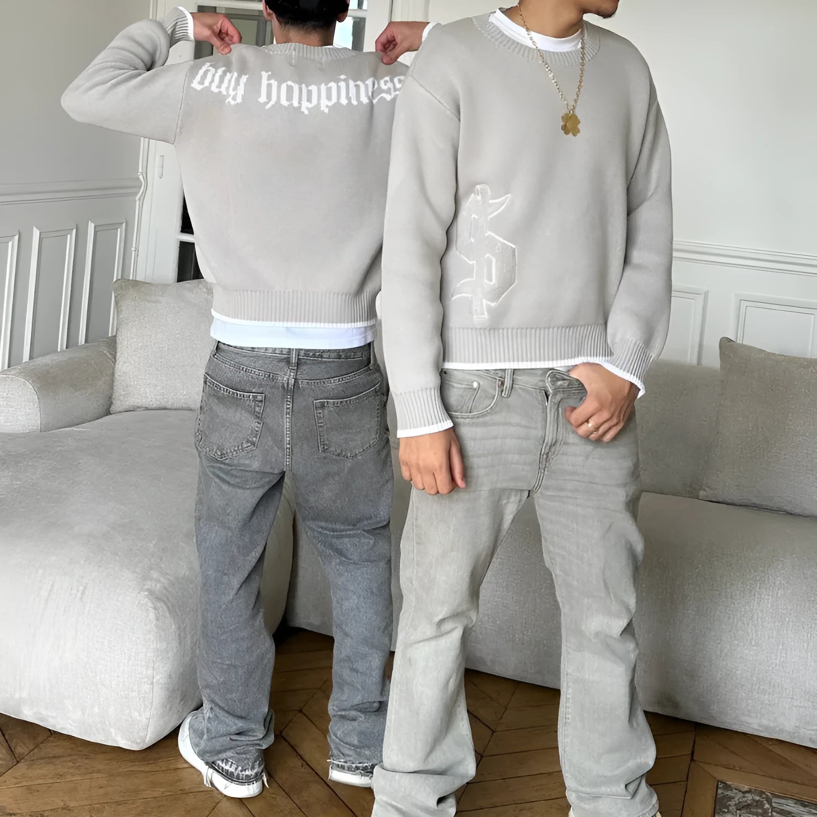 Grey loose-fitting jacquard knitwear coat with long sleeves for autumn and winter