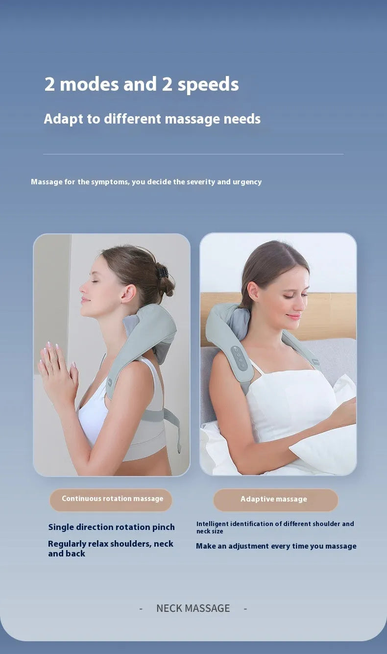 Gray portable USB rechargeable neck and back massager with elastic fabric construction.