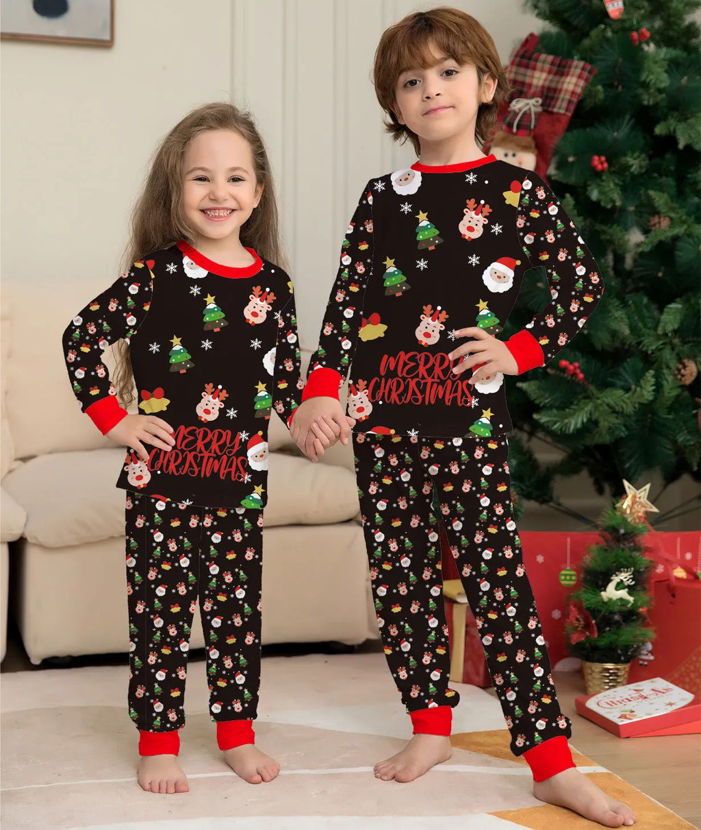 Family wearing matching Christmas pajamas with plaid design, including adults, children and dog in coordinated sleepwear