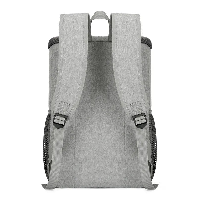 Outdoor thermal picnic backpack with curved shoulder straps in Oxford cloth construction.