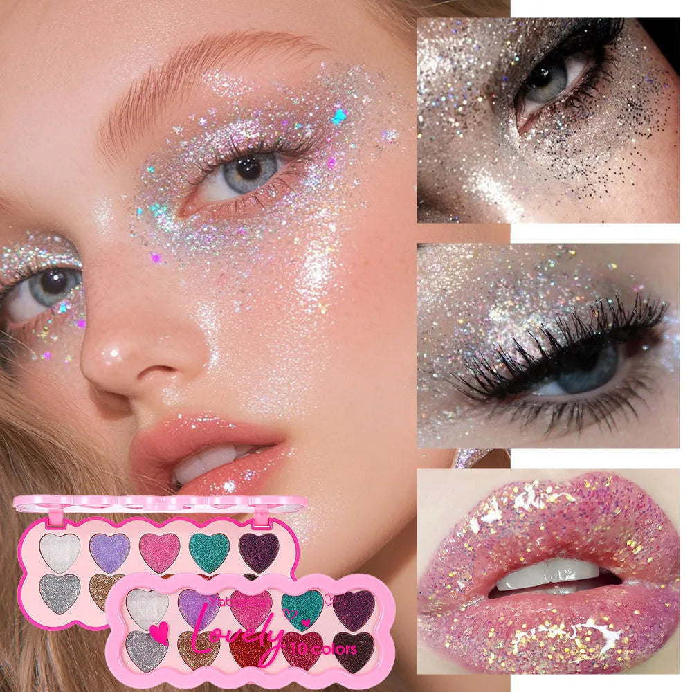 Pearlescent Heart ten-colour sequins eye shadow palette showing shimmering shades including pink, blue, and coral.