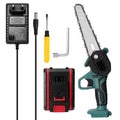 Black mini electric chainsaw with 4-inch guide bar held in one hand, showing compact size.