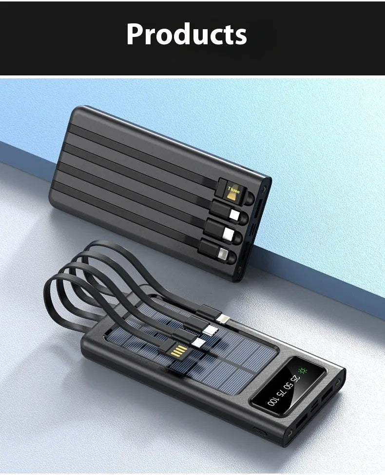 Black solar power bank with integrated cable showing four charging ports and solar panel