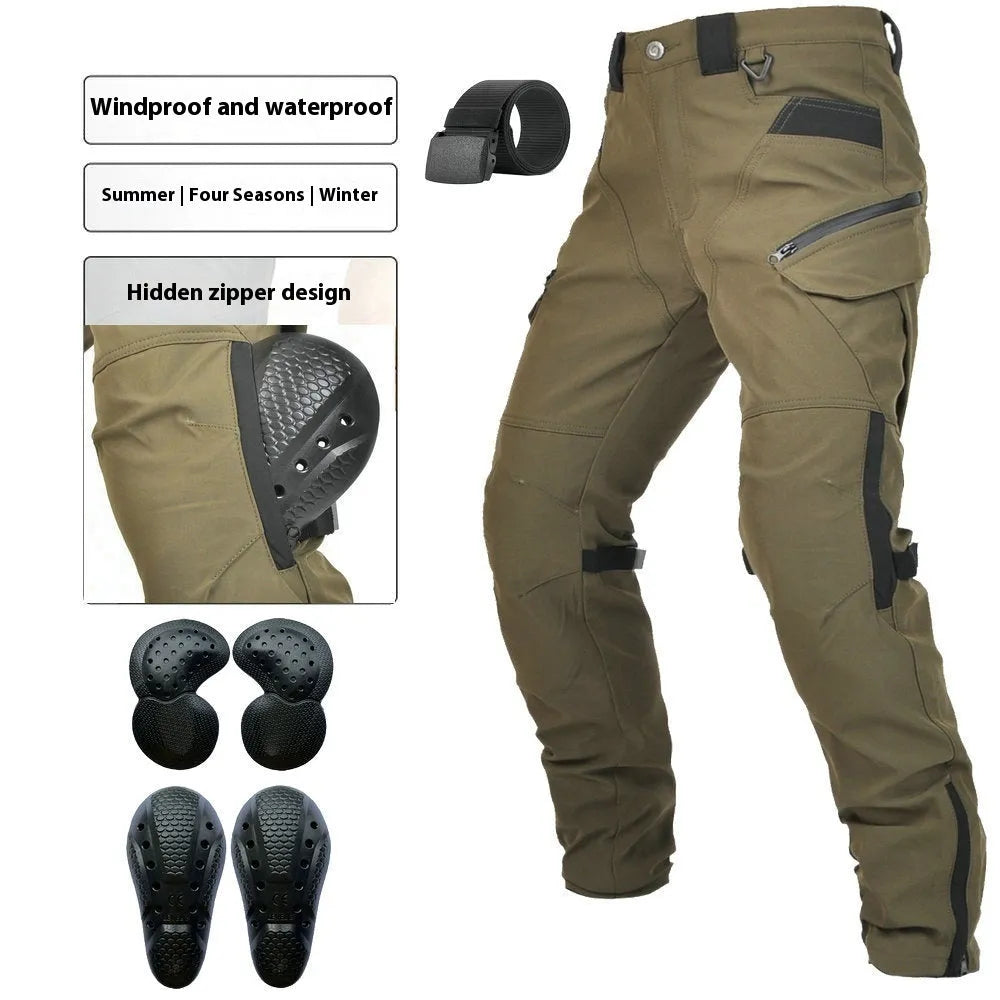 Men's waterproof motorcycle cycling trousers in black or green with belt and protective gear set