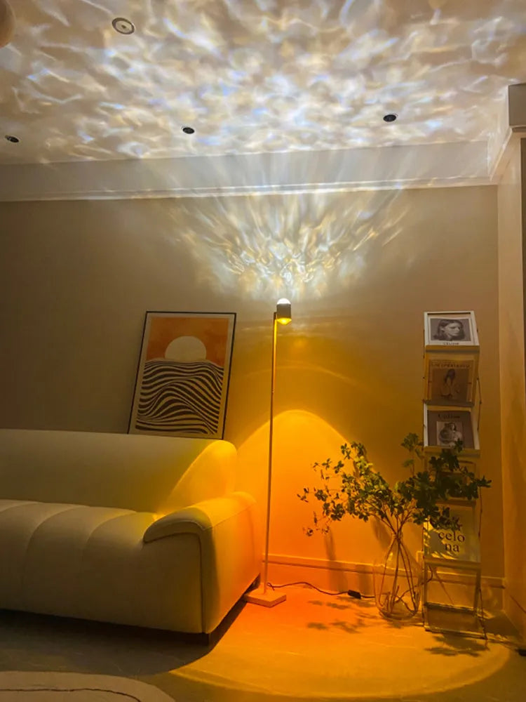 Sunset red floor lamp projecting a water wave light pattern onto a floor.