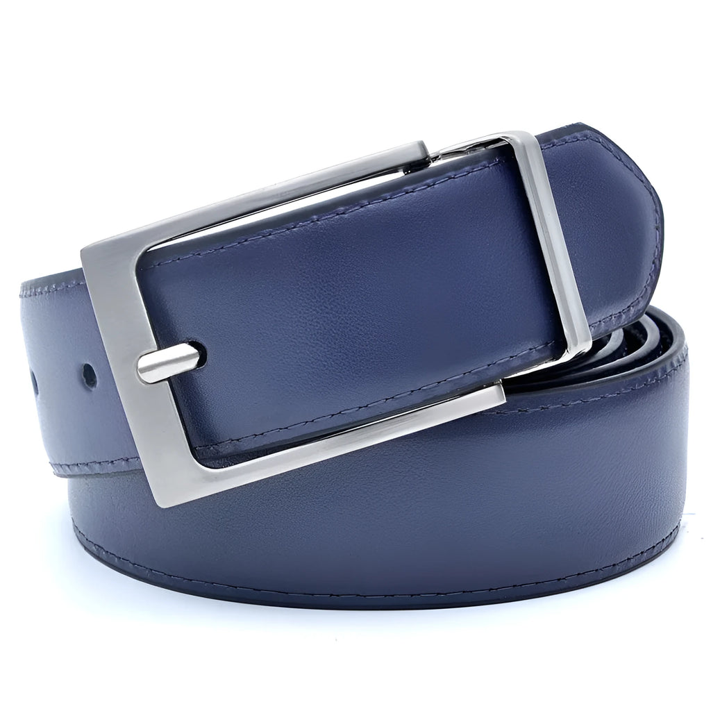 Men's dark brown genuine leather belt with a rotating silver alloy pin buckle on a wooden surface