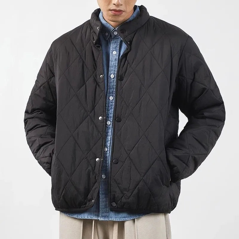 Men's black diamond lattice patterned cotton-padded winter jacket with 100cm length