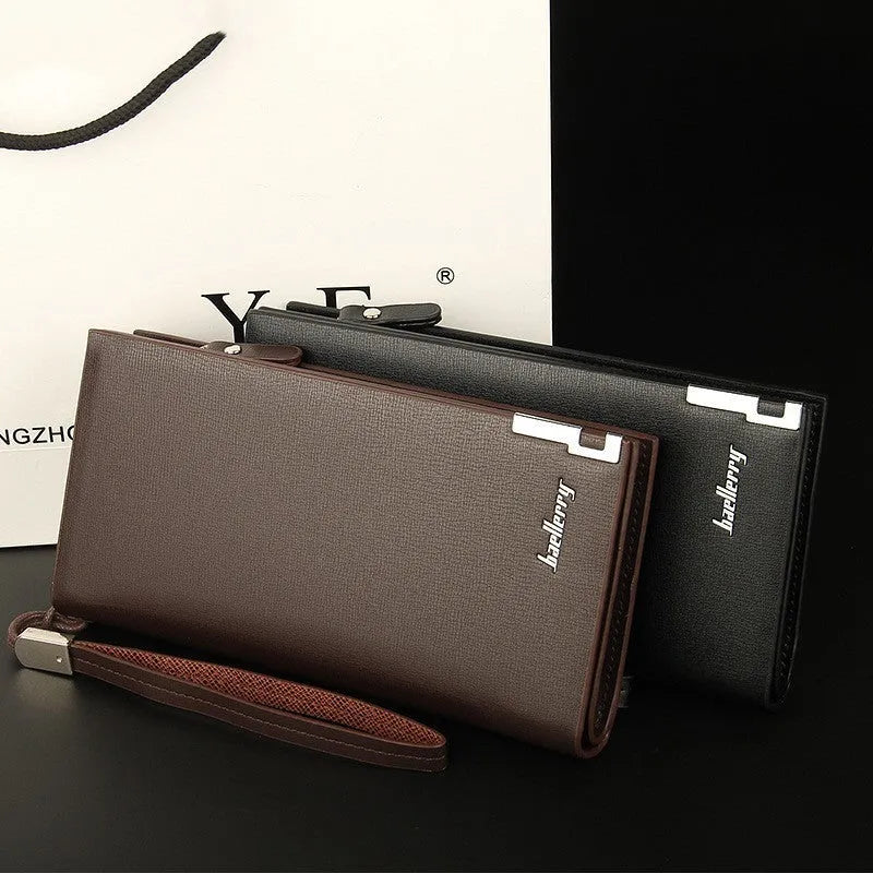 Men's black PU leather wallet with a long silver zipper closed across the top.