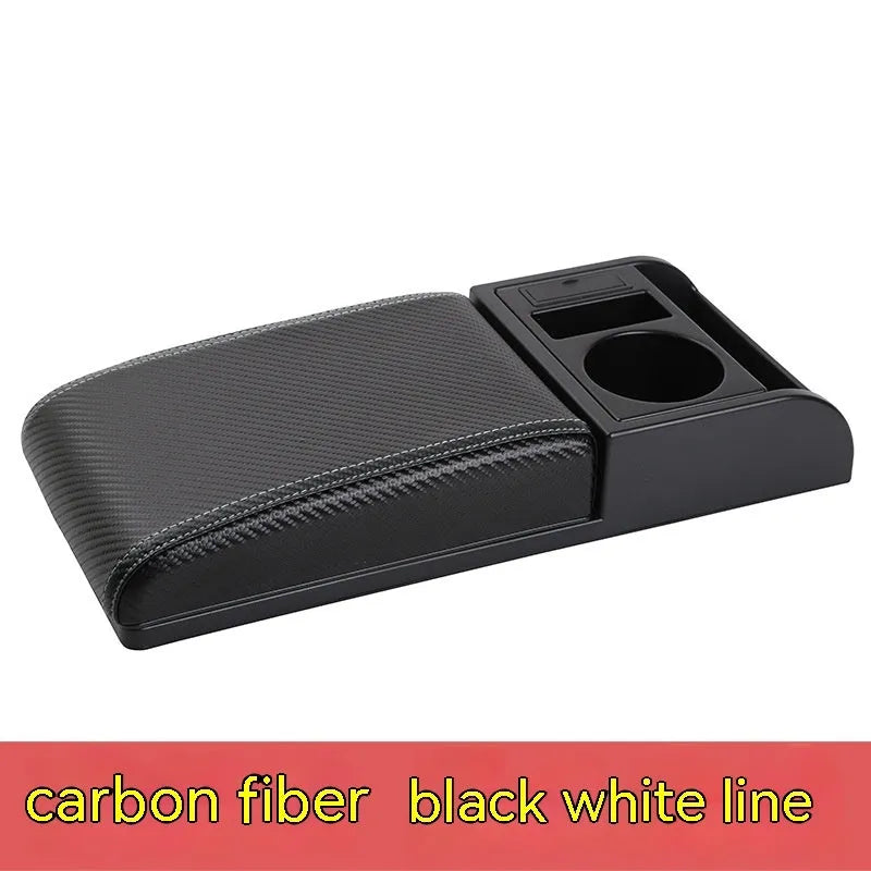 Universal plastic car armrest cover in black with red cord stitching on a centre console