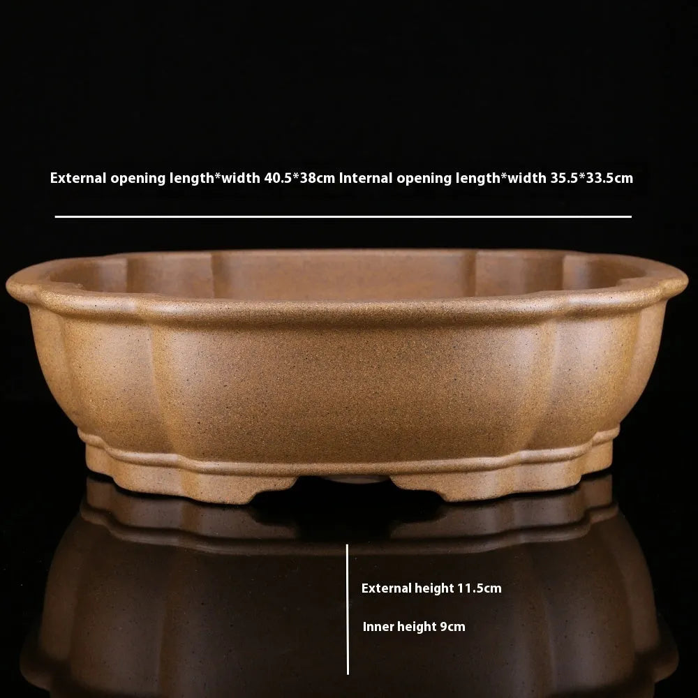 Large handmade purple sand bonsai pot in hexagonal or begonia shape for pine trees.