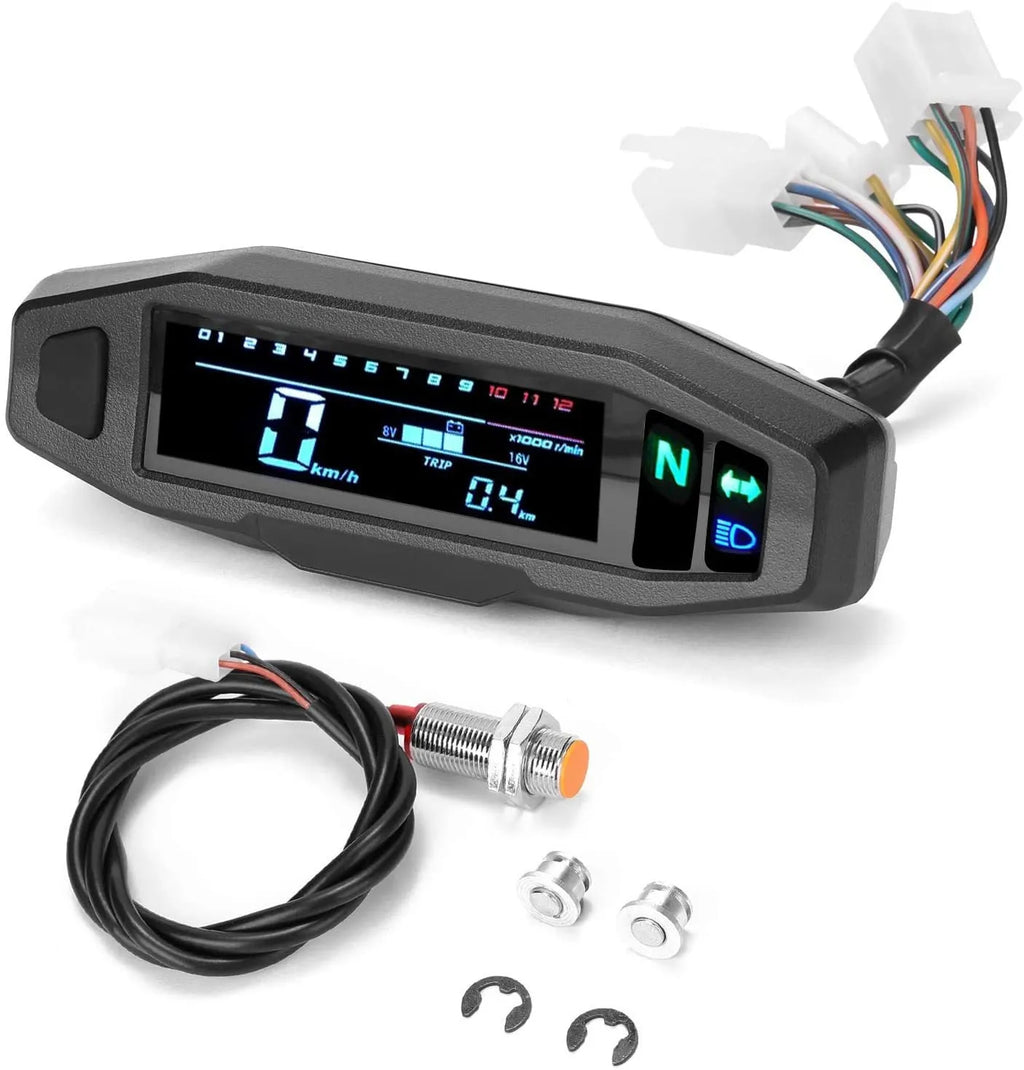 Black mini motorcycle speedometer LCD unit showing fuel gauge and display.