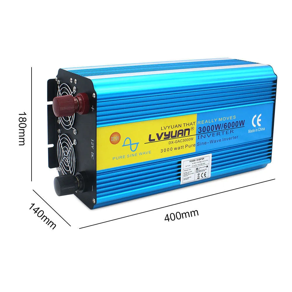 Blue 3000W pure sine wave power inverter with digital display and UK plug socket