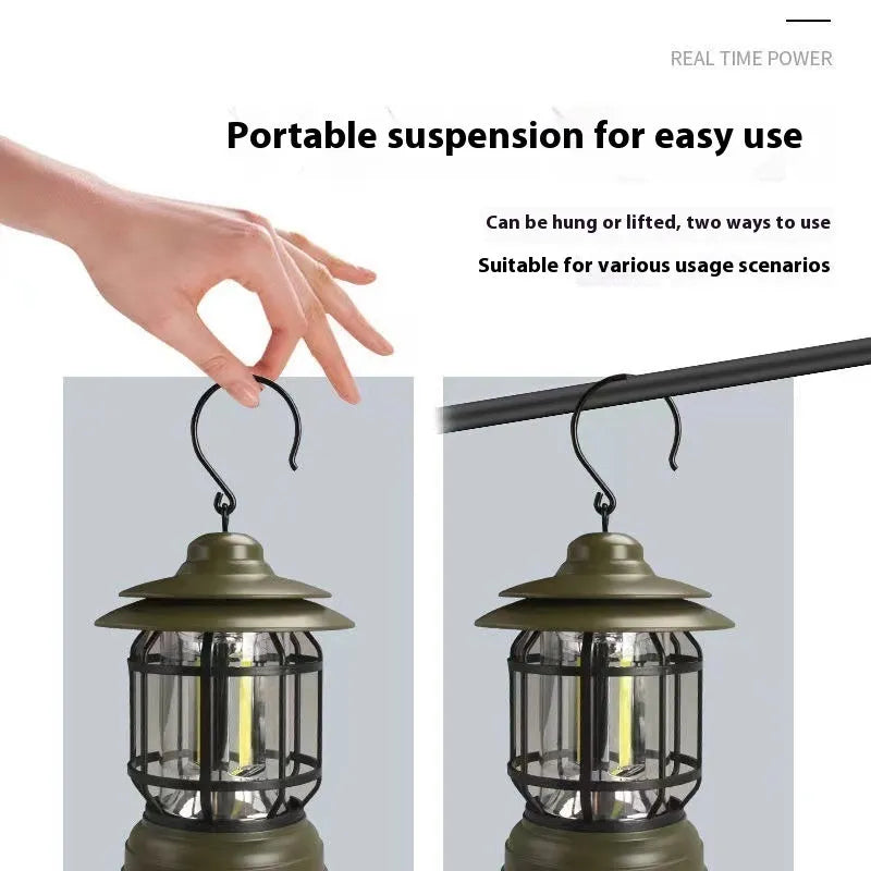 Portable camping lantern in dark green, black, or red colours showing compact 16.6cm size with battery or rechargeable power options